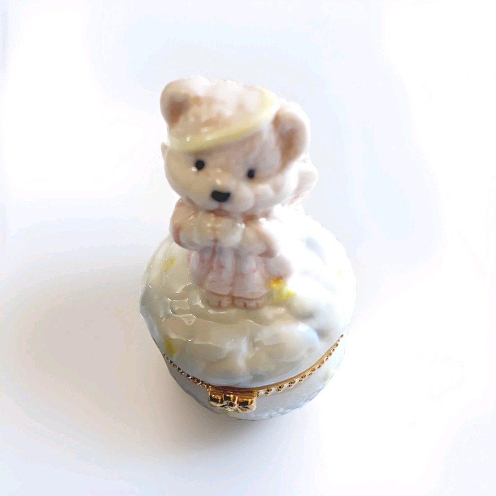 Trinket Box Porcelain Pink Angel Teddy Bear On A Cloud Gold Trim Hinged 3.5 Inch